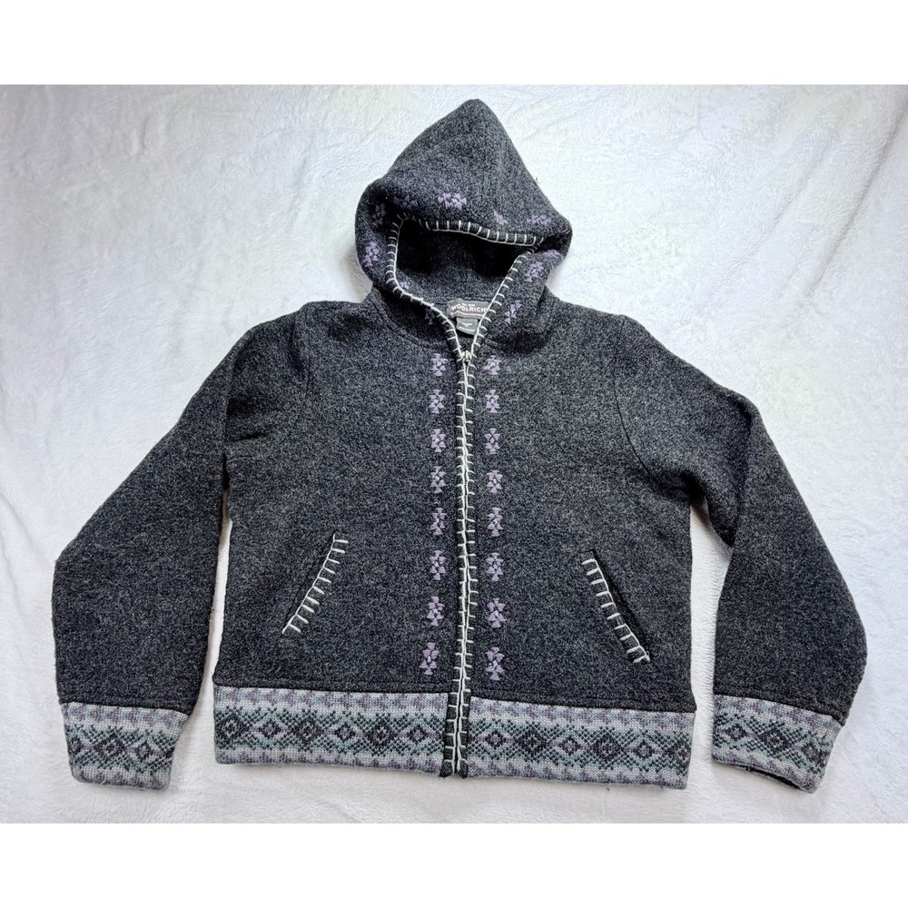 VTG Woolrich Heavy Boiled Wool Full Zip Hooded Sweater Cardigan Gray Nordic Sz S